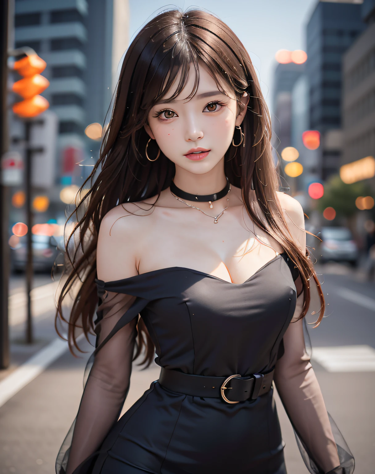 (standing on a dark street), (highway lights), (calm lighting), (night), sexy pose, (very delicate and beautiful work), (masterpiece), one girl, one girl in a gothic Lolita dress, very detailed and leaky waist, attractive look, beautifully clear eyes, delicate necklace, delicate earrings, simple blurred background, extreme detailed description, beautiful, attractive, Super fine painting, pretty face, big, big, big, big, fine body, fine collarbone, beautiful lips, smooth ass, mix4, (8k, RAW photo, top quality, masterpiece: 1.37), (realistic, realistic: 1.37), one girl, cute, cityscape, night, rain, humidity, professional lighting, photon mapping, radiation, physics cs-based rendering