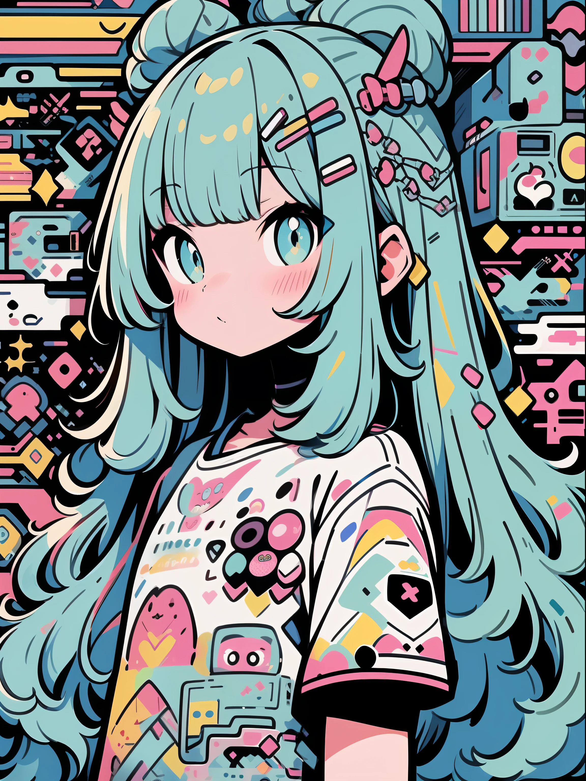 hightquality、Colorful color palette、high-level image quality、Kawaii Girl、Unprecedented amount of drawing、anime styled、Geometric pattern background、front facing、sticker style