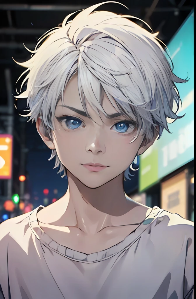 (absurdres, highres, ultra detailed, HDR), masterpiece, best quality, a boy, 10 yo, solo, handsome, short hair,spiky hair, white hair, blue eye, finely eye and detailed face, real shadow, job is programmer , full body, home style muji, mood alone