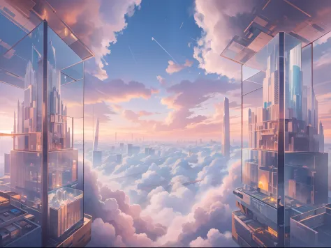 Above the clouds, towns and megastructures made up of crystal and glass buildings float in the sky，Ice crystals，Glowing glass house，Colorful clouds like marshmallows，Faraway view，tmasterpiece，hyper-high detail，Best quality，8K，depth of fields，wonderful，Incr...