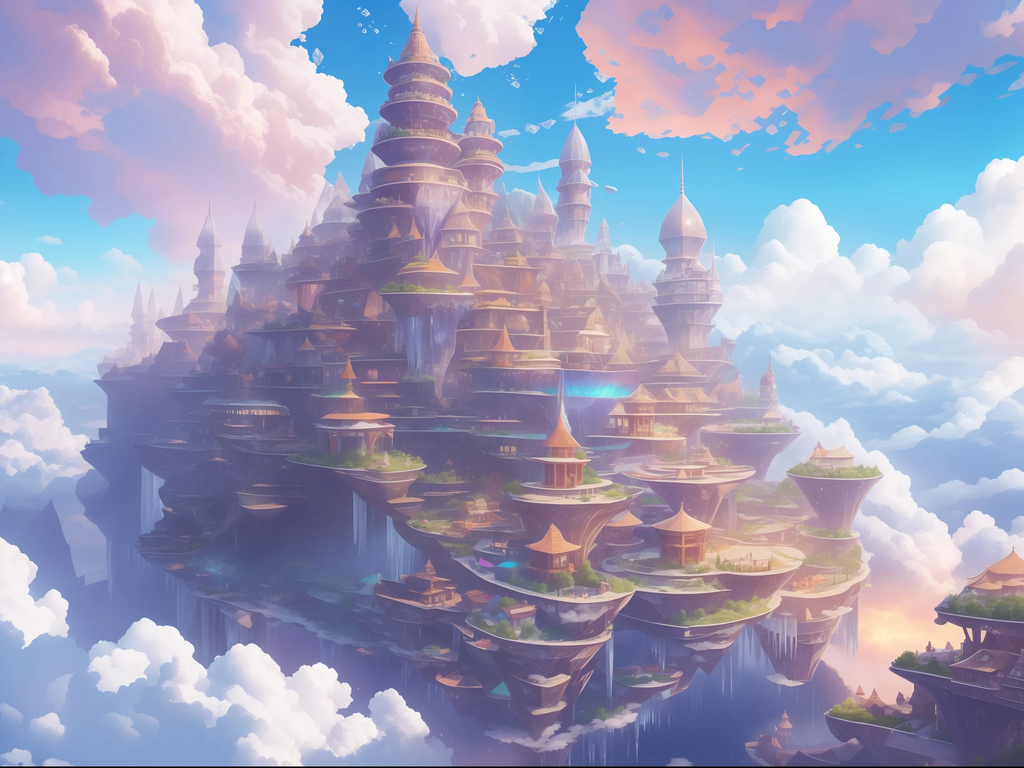 Above the clouds, towns and megastructures made up of crystal and glass buildings float in the sky，Ice crystals，Glowing glass house，Colorful clouds like marshmallows，Faraway view，tmasterpiece，hyper-high detail，Best quality，8K，depth of fields，wonderful，Incredible。