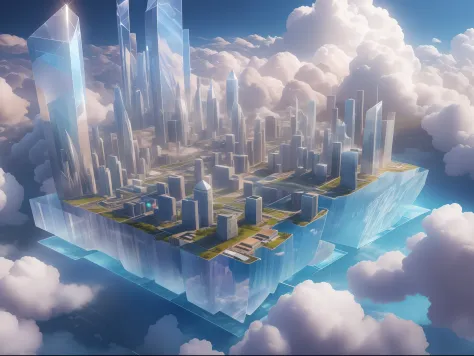 Above the clouds, towns and megastructures made up of crystal and glass buildings float in the sky，Ice crystals，Glowing glass ho...