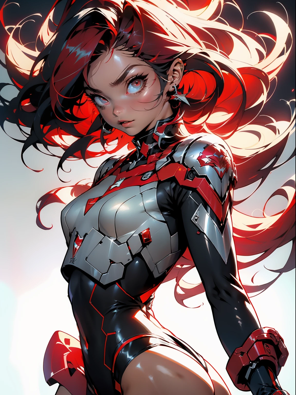 A woman in a futuristic suit with red hair and a sword - SeaArt AI