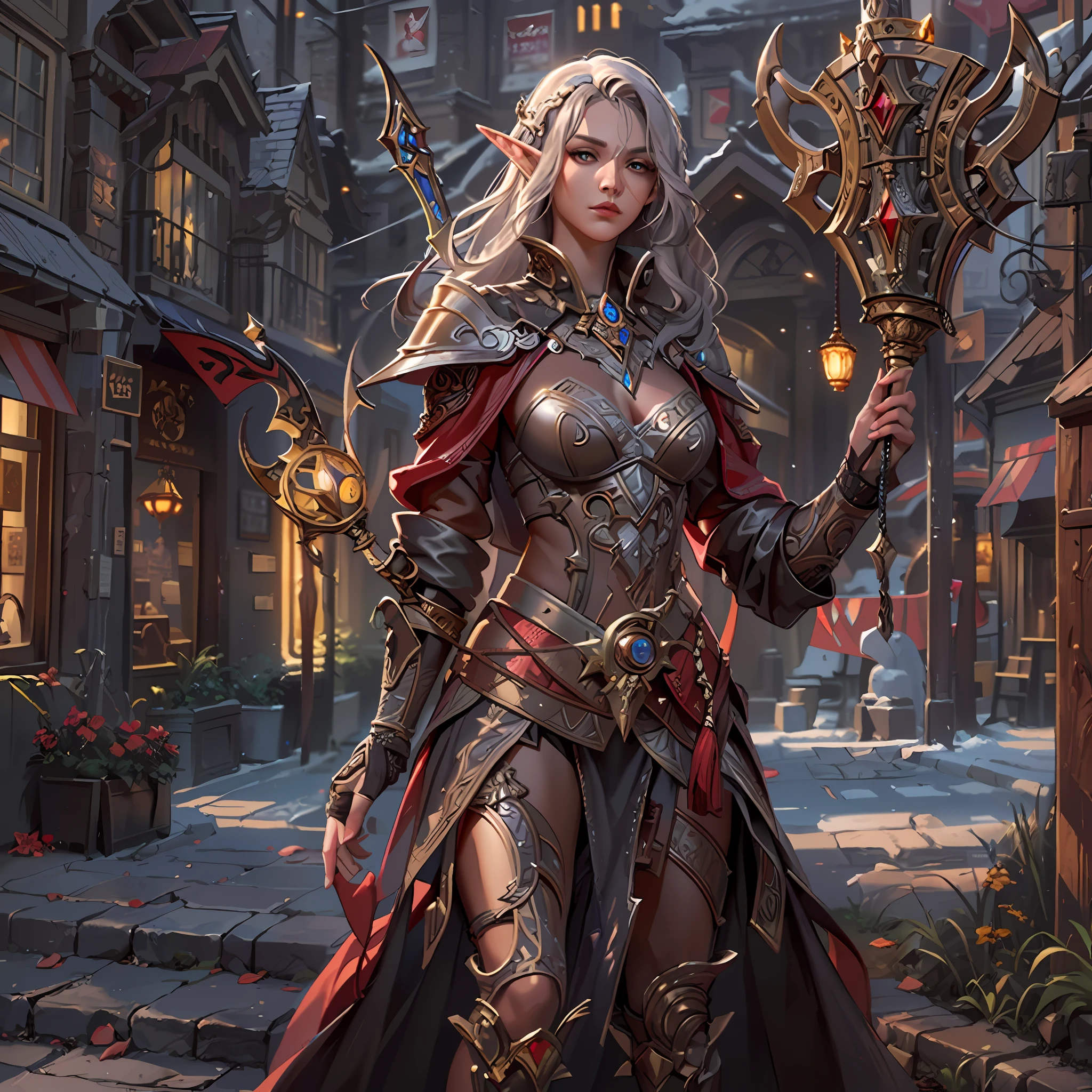 high details, best quality, 8k, [ultra detailed], masterpiece, best quality, (extremely detailed), dynamic angle, ultra wide shot, RAW, photorealistic, fantasy art, dnd art, rpg art, realistic art, a wide angle picture of an epic female elf arcane warrior, warrior of magic, fighter of the arcana, full body, [[anatomically correct]] full body (1.5 intricate details, Masterpiece, best quality) casting a spell (1.5 intricate details, Masterpiece, best quality), casting an epic spell, colorful magical sigils in the air, colorful arcane markings floating (1.6 intricate details, Masterpiece, best quality) armed with an [epic magical sword] (1.5 intricate details, Masterpiece, best quality) epic magical sword glowing in red light. in fantasy urban street (1.5 intricate details, Masterpiece, best quality), a female beautiful epic elf wearing elven leather armor (1.4 intricate details, Masterpiece, best quality), high heeled leather boots, thick hair, long hair, dynamic hair, fair skin intense eyes, fantasy city background (intense details), sun light, backlight, depth of field (1.4 intricate details, Masterpiece, best quality), dynamic angle, (1.4 intricate details, Masterpiece, best quality) 3D rendering, high details, best quality, highres, ultra wide angle