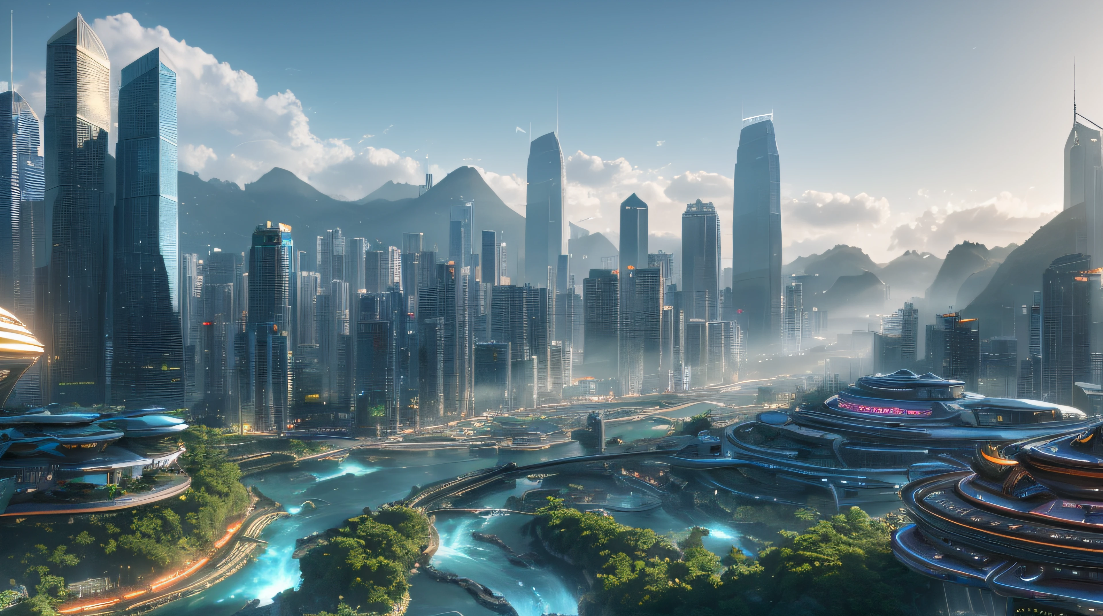 (modern sci-fi fantasy whimsical:1.4)
(metropolis cityscape skyline:1.1) surrounded by (rivers and waterfalls in a rocky mountain valley:1.4)
(botw genshin:0.6) (ghibli:1.0) (god of war:0.6) (horizon zero dawn:0.6) (assassins creed:1.0) (star wars:1.0) (star trek:1.0) (horizon forbidden west:0.6) (avatar pandora:1.0) (singapore hong kong:1.2)
(photo photogenic hdr sharp focus intricate detail composition rule of thirds dof 8k hires reflections bloom saturated glow dawn:1.2)
(particles:0.8)
(raytracing rtx unreal engine octane render blender:1.3)
(foggy misty:1.0)