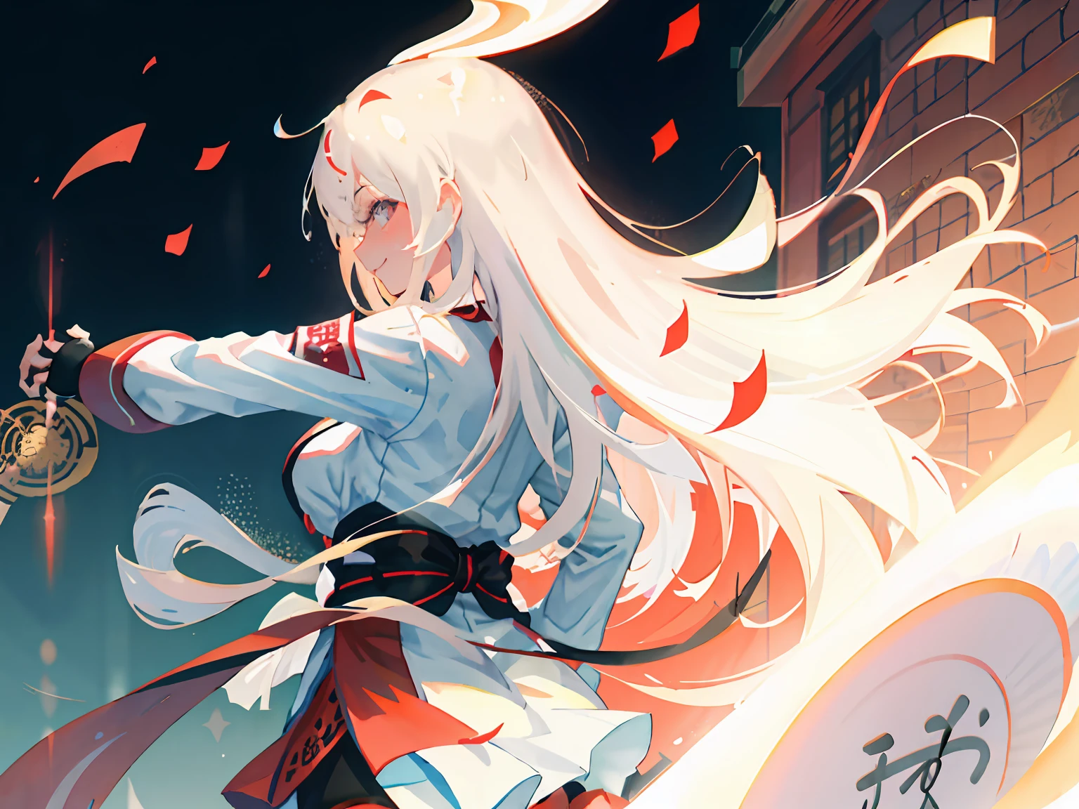 highr，1个Giant Breast Girl，Japan Flag，long  white hair，red color eyes，White samurai costume，Knife pulling posture，SakuraNS，katana swords，of the highest quality，Chinese girl design，Genshin detailed art，Anime character design，anime concept art，pretty anime character design，anime character reference sheet，[character  design]，