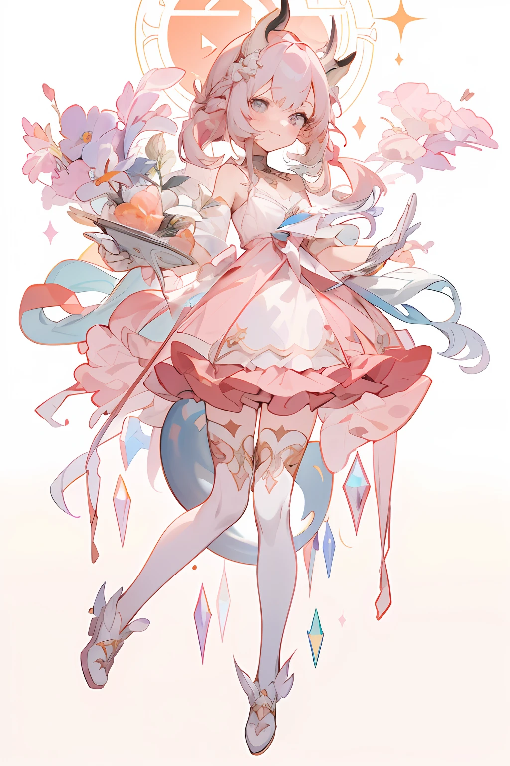 animemanga girl，Wearing a pink dress and a white hat holding flowers, trending on artstation pixiv, Kushatt Krenz Key Art Women, zerochan art, Digital art on Pisif , Guweiz in Pixiv ArtStation, full portrait of elementalist, anime full body illustration, Pisif, Guweizhair bobbles on ArtStation Pixiv, wince, longeyelashes, solid circle eyes, fake animal ears, light smile, ear blush, fang, french braid, horns, heart hair ornament, hair tie, bow hairband, mole under eye, Surrealism, drop shadow, anaglyph, stereogram, tachi-e, pov, atmospheric perspective, rococo style, Color Field painting, sparkle, character chart, tachi-e, 8k, super detail, ccurate, best quality, UHD, best quality, highres, award winning, masterpiece