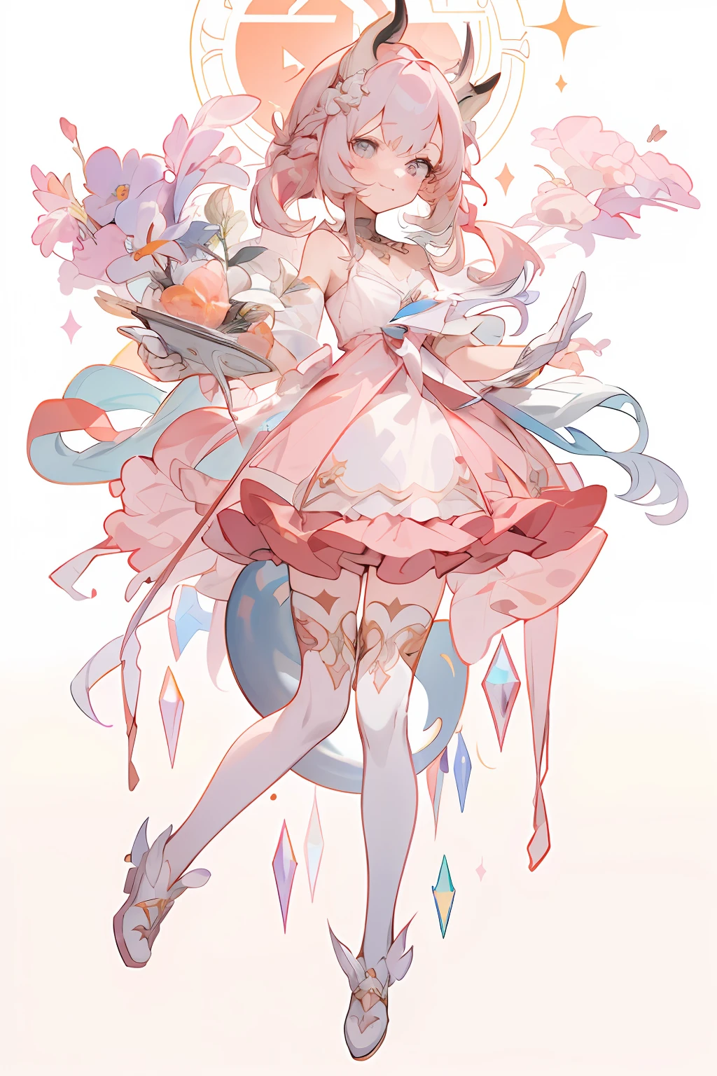 Anime-Manga-Mädchen，Trägt ein rosa Kleid und einen weißen Hut mit Blumen, Trends auf Artstation Pixiv, Kushatt Krenz Key Art Women, zerochan art, Digital art on Pisif , Guweiz in Pixiv ArtStation, vollständiges Porträt des Elementarmagiers, Anime Ganzkörperillustration, Pisif, Guweizhair bobbles on ArtStation Pixiv, zusammenzucken, lange Wimpern, Durchgezogene Kreisaugen, gefälschte Tierohren, leichtes Lächeln, Ohr erröten, fang, französischer Zopf, Hörner, Herz Haarschmuck, Haargummi, Haarband mit Schleife, Muttermal unter dem Auge, Surrealismus, Schlagschatten, anaglyph, Stereogramm, Tachi-e, POV, atmosphärische Perspektive, Rokoko-Stil, Farbfeldmalerei, funkeln, Zeichentabelle, Tachi-e, 8k, super detail, genau, beste Qualität, UHD, beste Qualität, highres, preisgekrönt, Meisterwerk