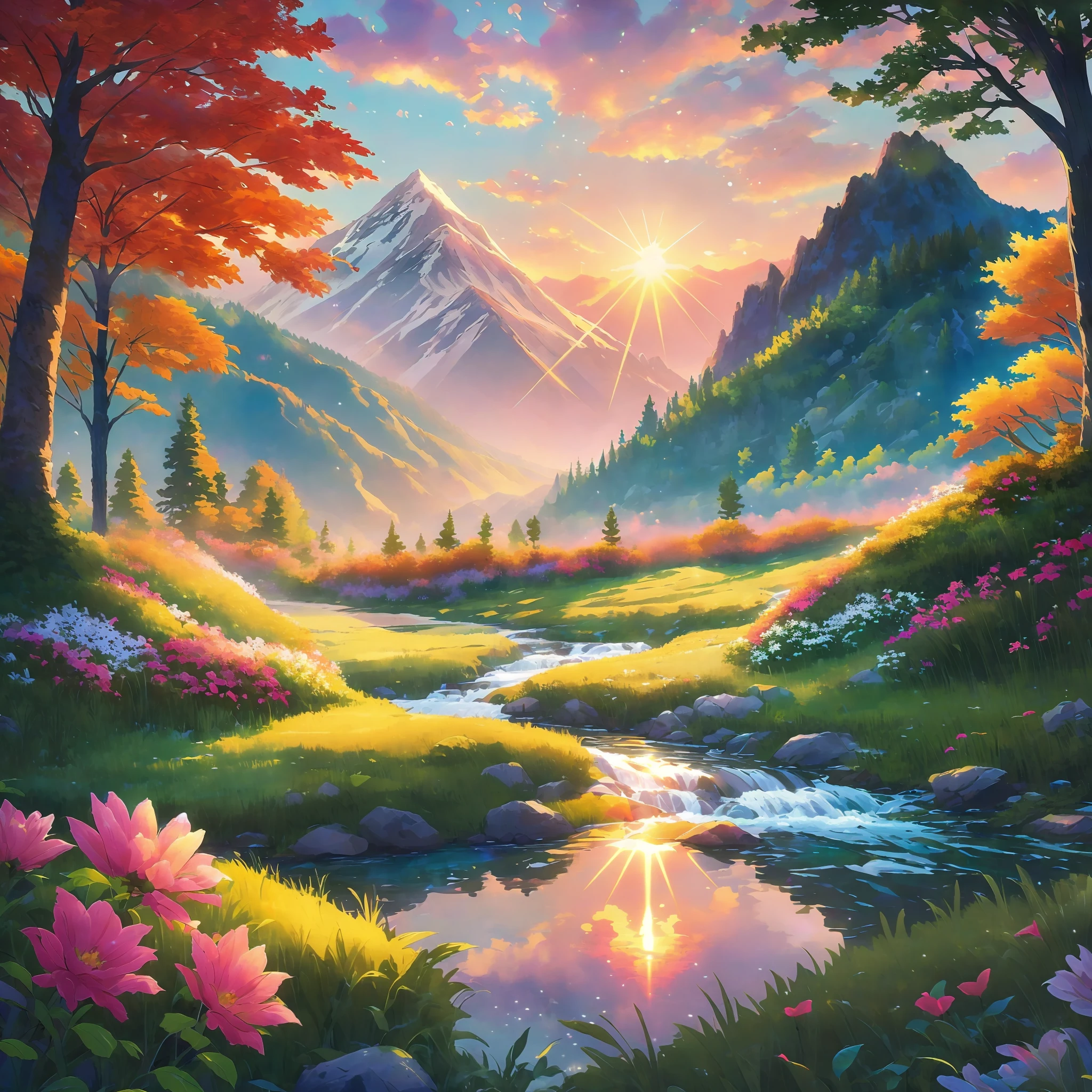 (best illumination, best shadow), scenic anime landscape, beautiful nature scenery, breathtaking view, majestic mountains, lush greenery, flowing streams and rivers, colorful flora and fauna, peaceful atmosphere, magical sunset.
