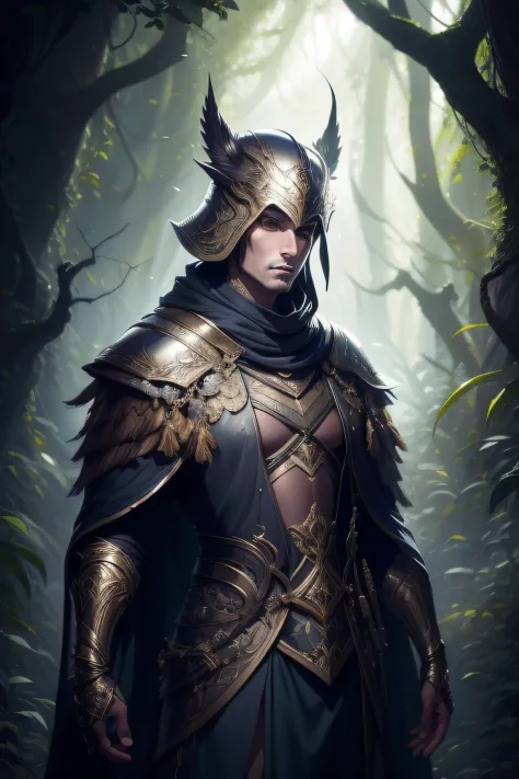 um homem de armadura posa para uma foto em uma floresta escura, arte de personagem impressionante, epic exquisite character art,...