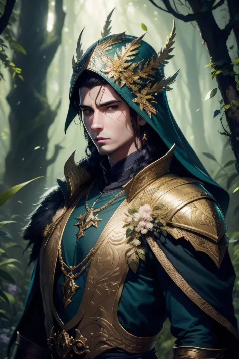 um homem de armadura posa para uma foto em uma floresta escura, arte de personagem impressionante, epic exquisite character art,...