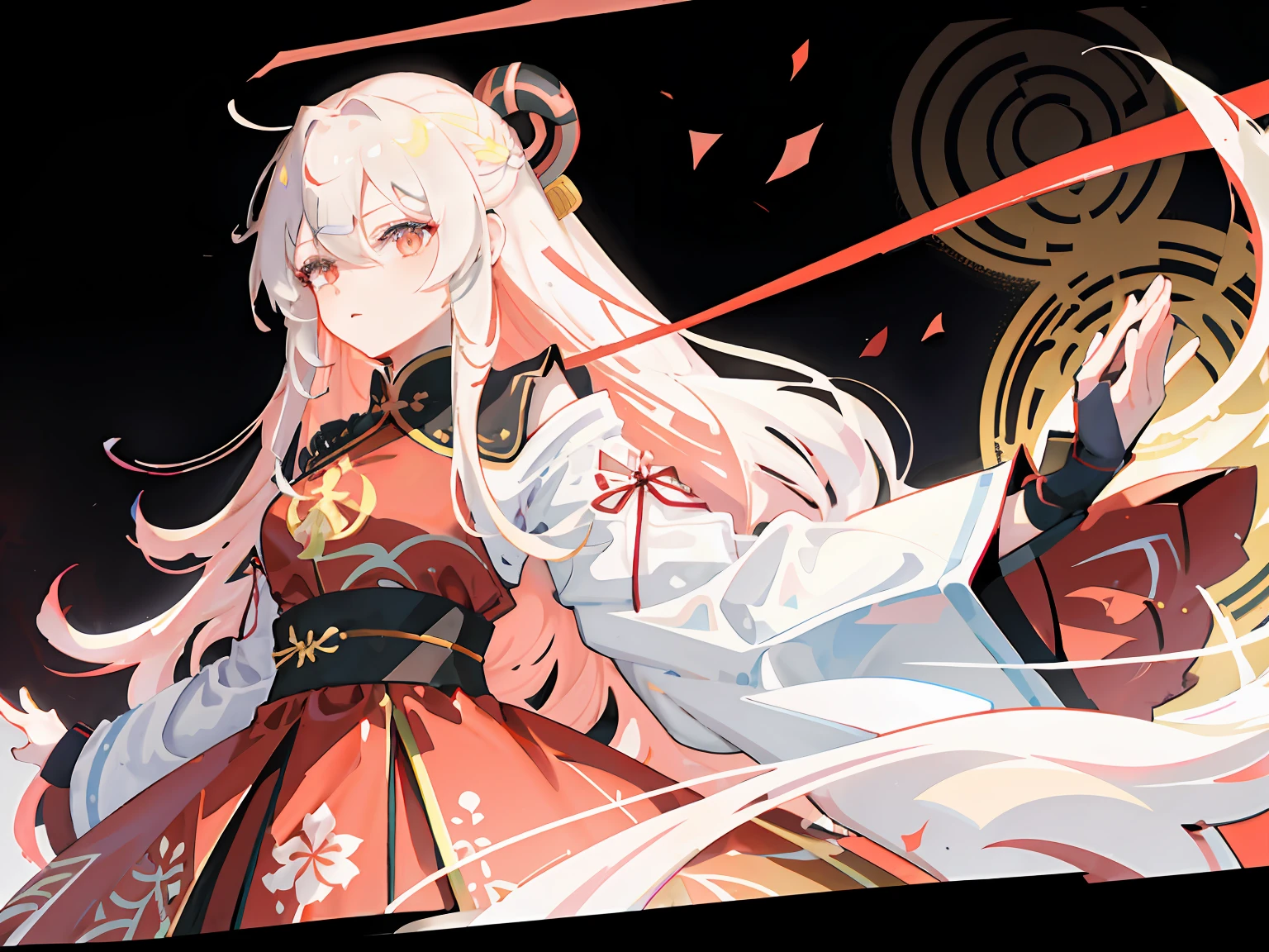 highr，1个Giant Breast Girl，long  white hair，red color eyes，Black and red samurai costumes，Knife pulling posture，katana swords，with black background ，of the highest quality，Chinese girl design，Genshin detailed art，Anime character design，anime concept art，pretty anime character design，anime character reference sheet，[character  design]，