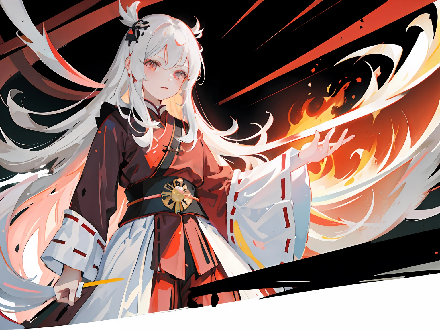 highr，1个Giant Breast Girl，long  white hair，red color eyes，Black and red samurai costumes，Knife pulling posture，katana swords，with black background ，of the highest quality，Chinese girl design，Genshin detailed art，Anime character design，anime concept art，pretty anime character design，anime character reference sheet，[character  design]，