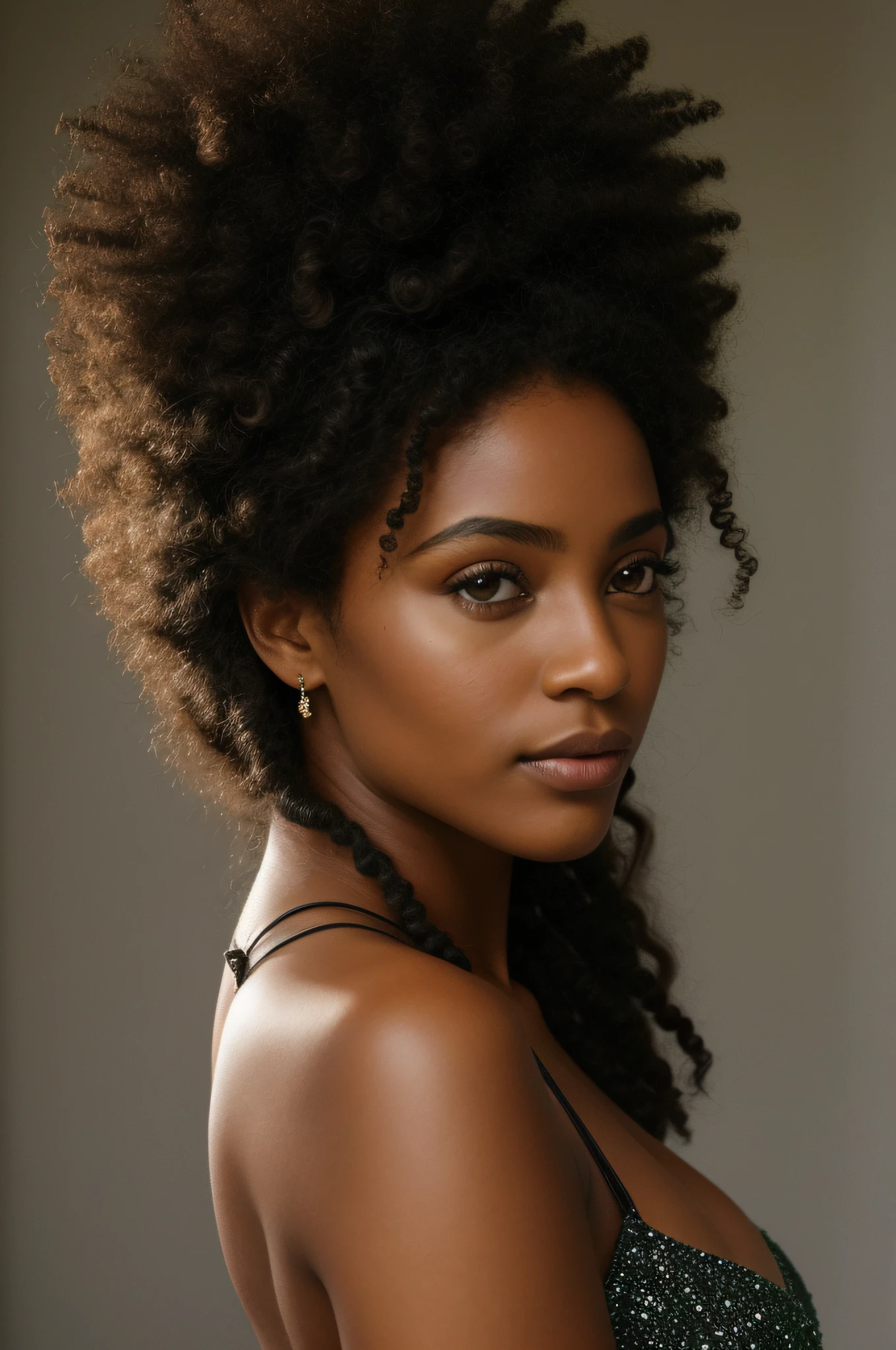 Ebony woman ,Ebony woman ,mulher negra , tom de pele escuro ,afro ,magra, ,cachos definidos, cabelo longo, cabelo gigante, cabelo preto escuro cacheado, cabelo volumoso de corpo inteiro com roupa casual realista extremamente detalhado , piercing green eyes sharp lumen lighting, olhos verdes intensos, maquiagem escura,, mulher negra, , realista extremamente detalhado fazendo pose com detalhes rosto perfeito, roupa elegante, roupa moderna ,roupa brilhante corpo inteiro.Senhora bonita, sardas, maquiagem escura, fotografia hiperdetalhada, luz suave, Portrait of head and shoulders, capa,| (darkeness:1.1), nuvens, sombra profunda, darkeness, foto premiada, extremamente detalhada, Awesome, detalhe fino, absurdo