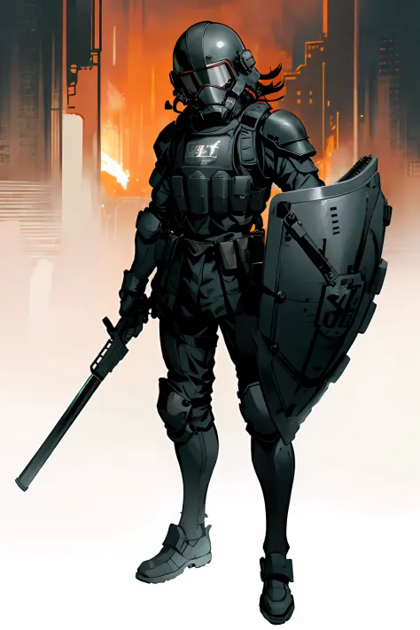 solo, man in a helmet and vest standing, riot shields, shield, a bulletproof vest, dressed in black tactical armor, full-body ar...
