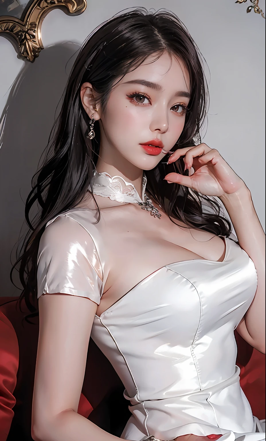 (8k, RAW photo, photorealistic:1.25) ,( lip gloss, eyelashes, glossy side, shiny skin, best quality, ultra high resolution, depth of field, chromatic aberration, caustic, wide light, natural shadow, Kpop idol) In the room, European style, sitting, long silver hair, white cheongsam, red trim, big breasts