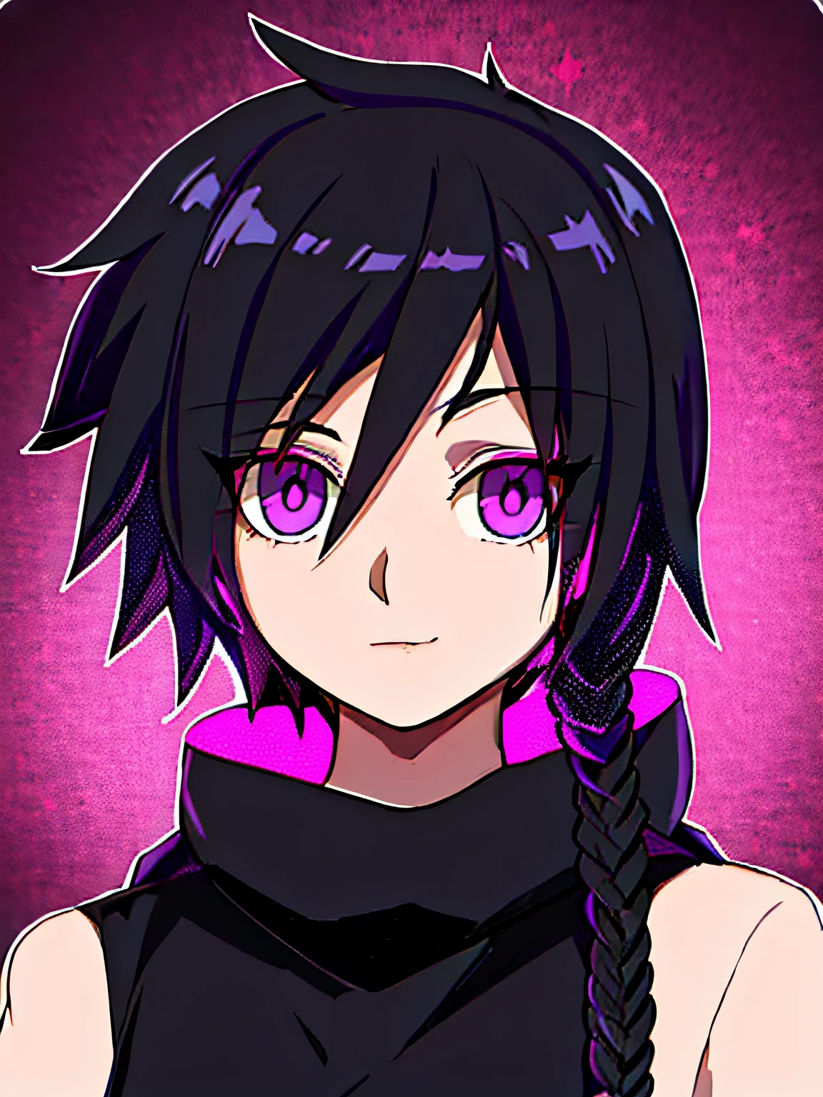 Menina anime com cabelo preto longo e olhos roxos com tranças, personagem estilo anime, como um personagem de anime, em estilo anime, em estilo anime, sombreamento estilo anime plano, inspirado em Maki Haku, estilo anime semi-realista, Fubuki, cabelos pretos e olhos grandes, Anime Tribal Boy com cabelo longo, estilo anime", retrato estilo anime, Vetor Anime sombreado