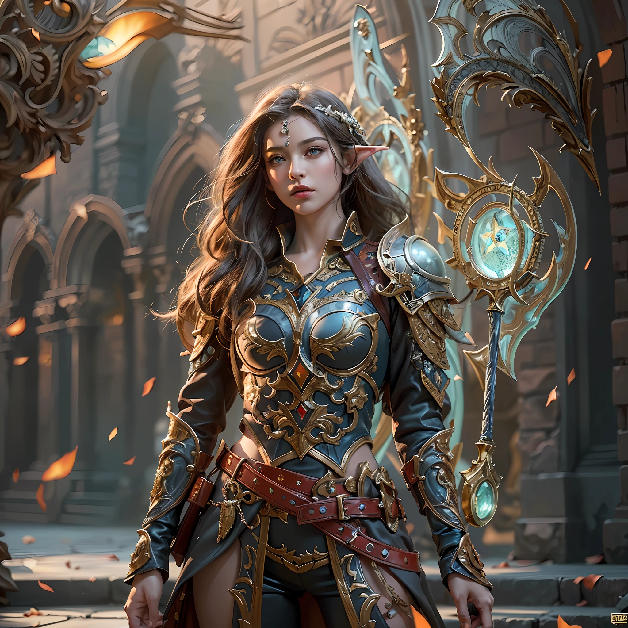 high details, best quality, 8k, [ultra detailed], masterpiece, best quality, (extremely detailed), dynamic angle, ultra wide shot, RAW, photorealistic, fantasy art, dnd art, rpg art, realistic art, a wide angle picture of an epic female elf arcane warrior, warrior of magic, fighter of the arcana, full body, [[anatomically correct]] full body (1.5 intricate details, Masterpiece, best quality) casting a spell (1.5 intricate details, Masterpiece, best quality), casting an epic spell, [colorful magical sigils in the air],[ colorful arcane markings floating] (1.6 intricate details, Masterpiece, best quality) holding an [epic magical sword] (1.5 intricate details, Masterpiece, best quality) holding epic [magical sword glowing in red light]. in fantasy urban street (1.5 intricate details, Masterpiece, best quality), a female beautiful epic elf wearing elven leather armor (1.4 intricate details, Masterpiece, best quality), high heeled leather boots, ultra detailed face,  thick hair, long hair, dynamic hair, fair skin intense eyes, fantasy city background (intense details), sun light, backlight, depth of field (1.4 intricate details, Masterpiece, best quality), dynamic angle, (1.4 intricate details, Masterpiece, best quality) 3D rendering, high details, best quality, highres, ultra wide angle