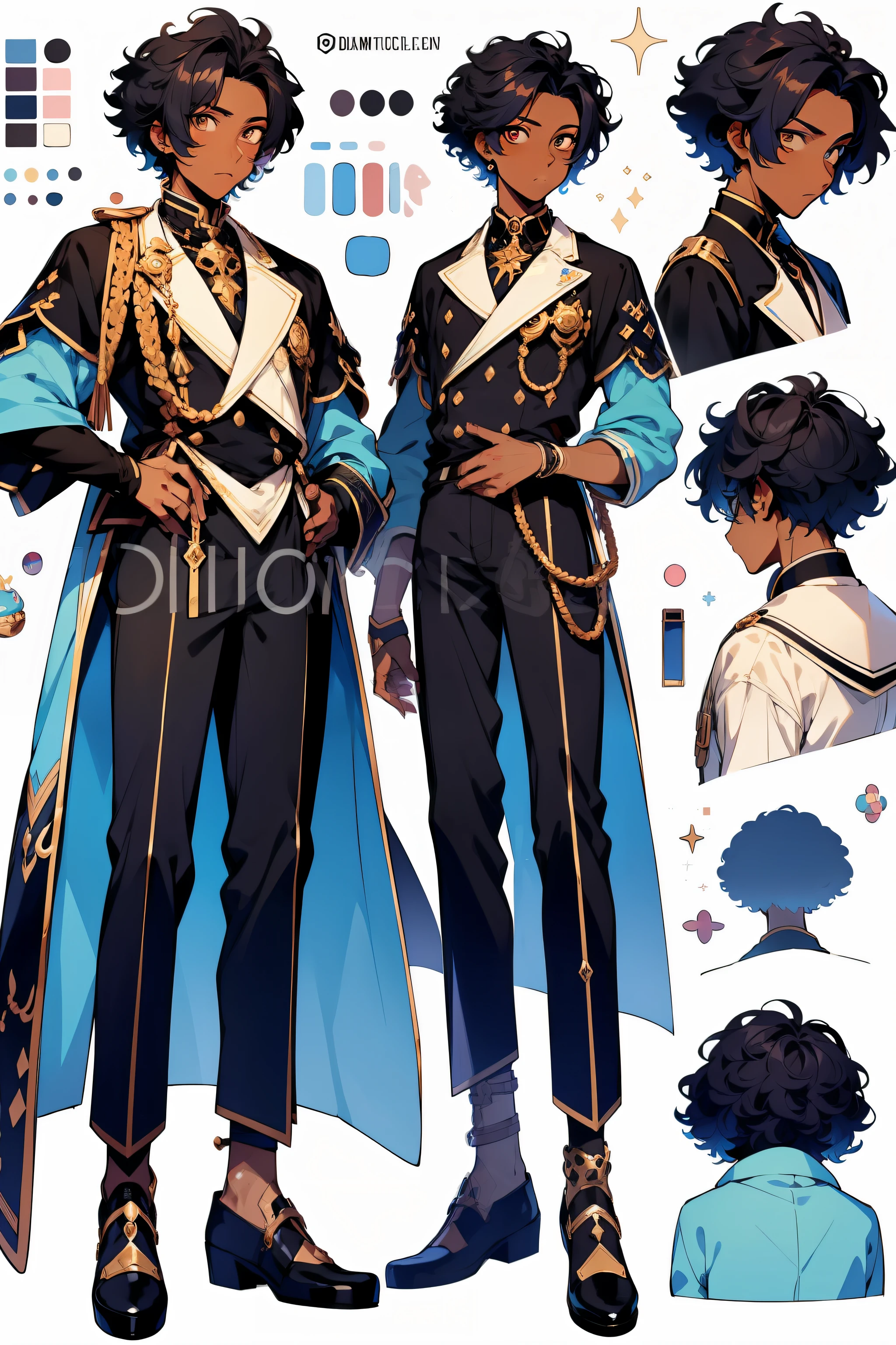 anime, refsheet, anime styled, character design, masc, prince, pretty boy, tall, blue, darkskin, black hair, blue, white, prince, crown, navy, dyamnic