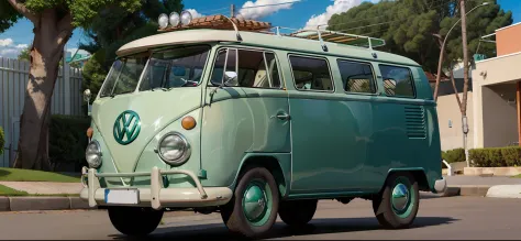 Green and white VW bus parked on brick road, Carrinha, microbus, vw bus on a street, vw microbus driving, Bullies, Foto de perfil frontal, Perfil frontal, vista frontal lateral, 1959, Tipo - 2, 1 9 5 8, 1958, 1961", 1957, hippie