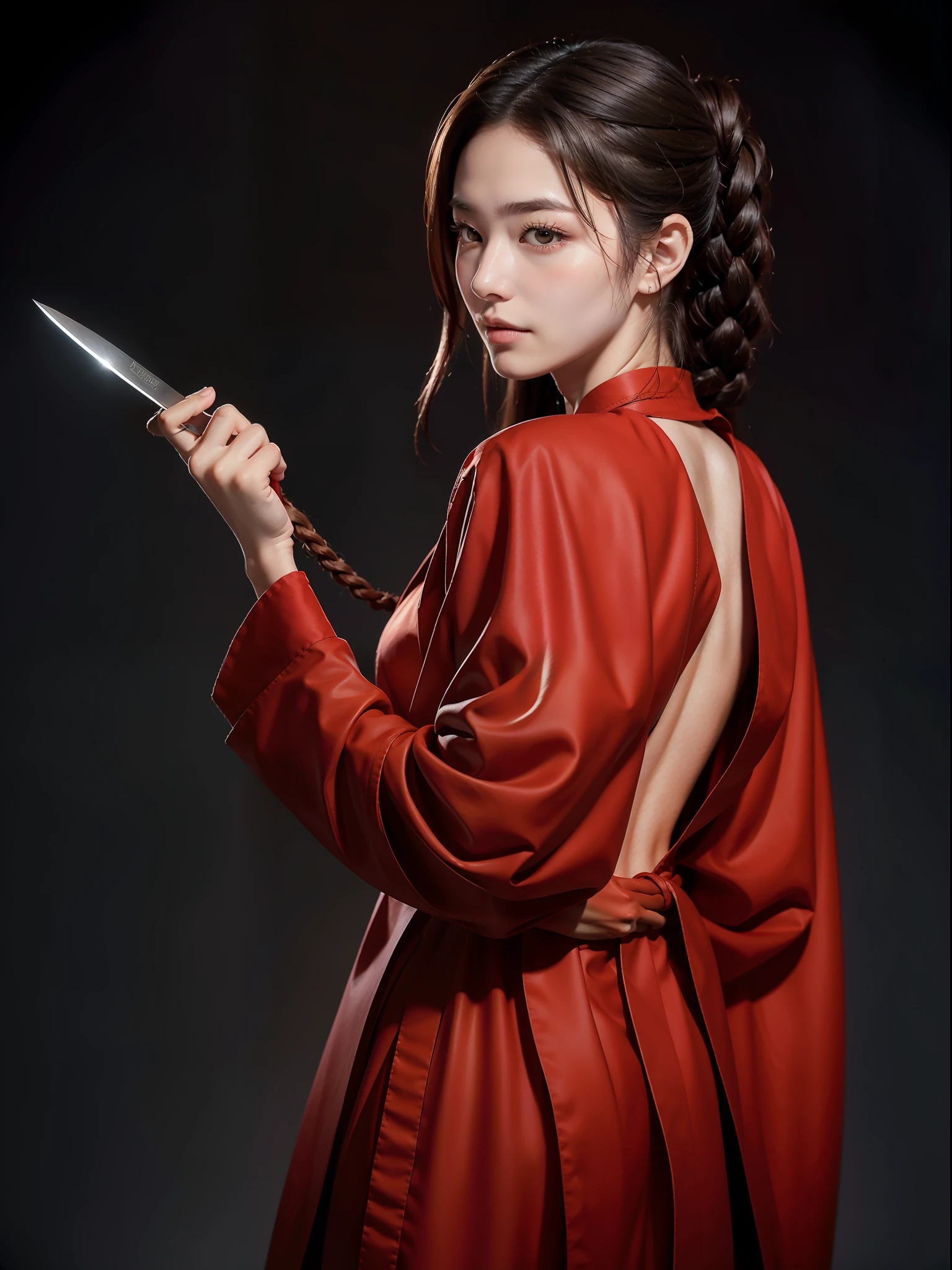 High quality 8k photos at masterpiece level：A martial arts style picture in a pose。A 20-year-old woman holds a knife on her chest。She has a single ponytail，Red braided rope，Wearing a cloak。Perfect facial features，Keep your mouth shut，With an evil smile，Expose one shoulder。With your back to the camera，There is a dragon tattoo on the back。