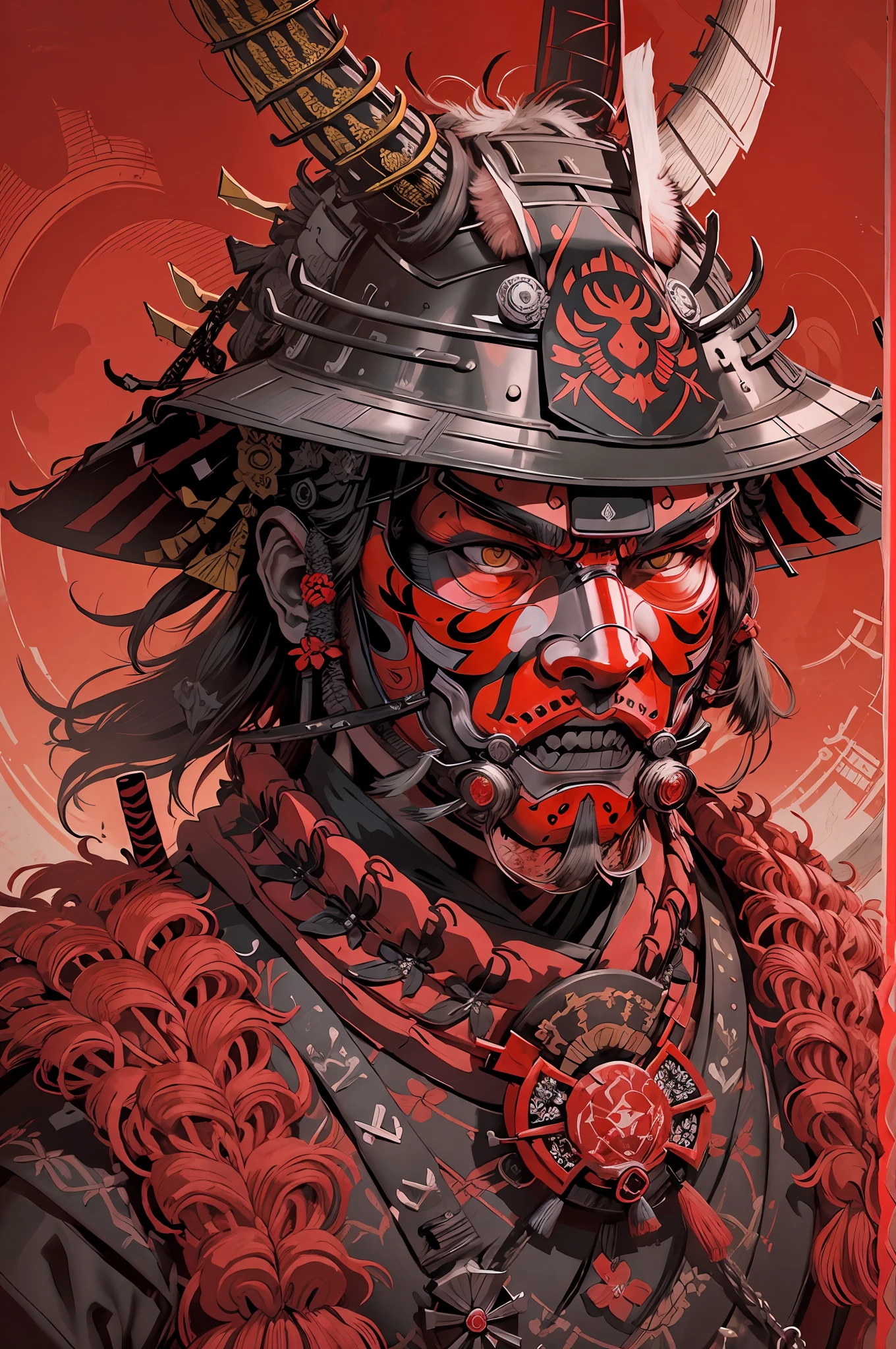 Samurai, capacete vermelho, mask in the mouth, visible eyes, rosto e capacete detalhados, close no rosto, illustration, DE FRENTE ao espectador, obra prima,altamente detalhado.