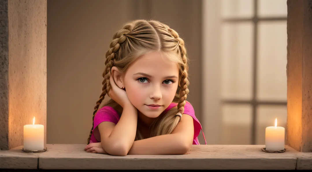 GIRL CHILD 10 YEARS OLD, Russian blonde in braids, ROCK N ROLL LOOK, VELAS ACESAS.