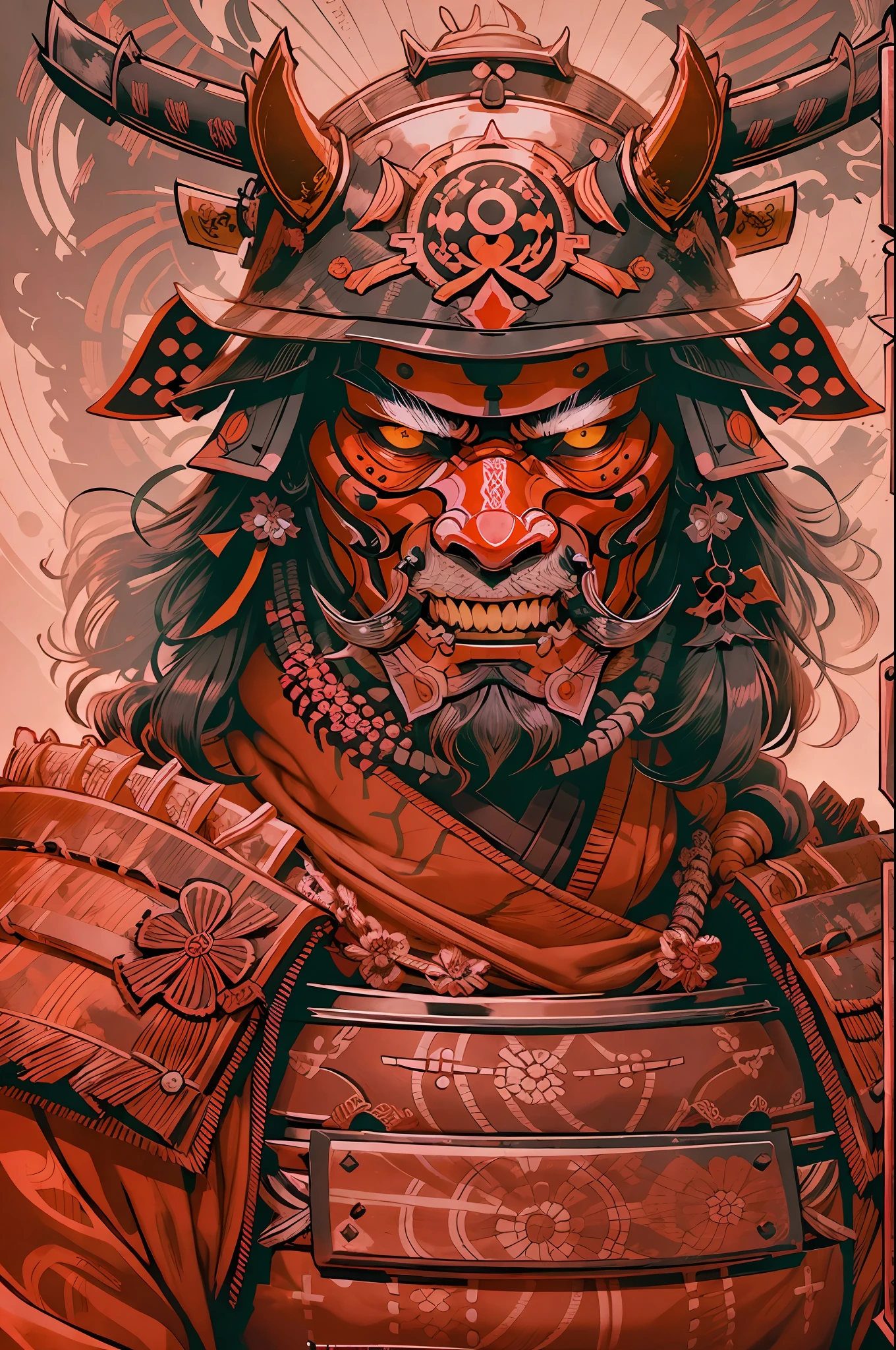samurai, Casco rojo, máscara en la boca, visible eyes, Cara y casco detallados, primer plano de la cara, ilustración, FRENTE AL ESPECTADOR, obra prima,muy detallado.