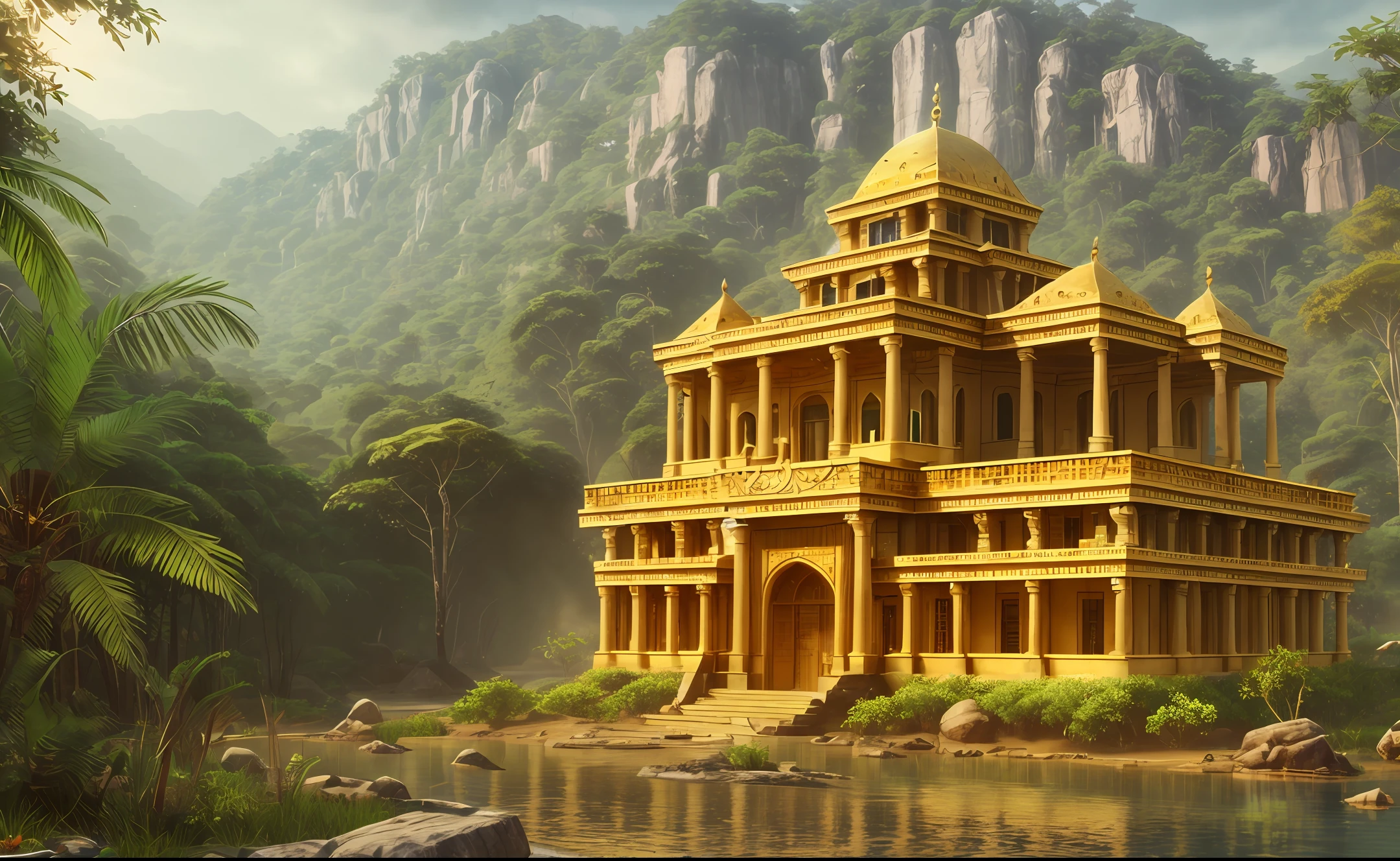 One beautiful boy found  The lost city of gold in golden jungle realstic , clearity 4k, nostalgic, masterpiece, old time building's & artifacts made of gold,beautiful scenery --auto --s2