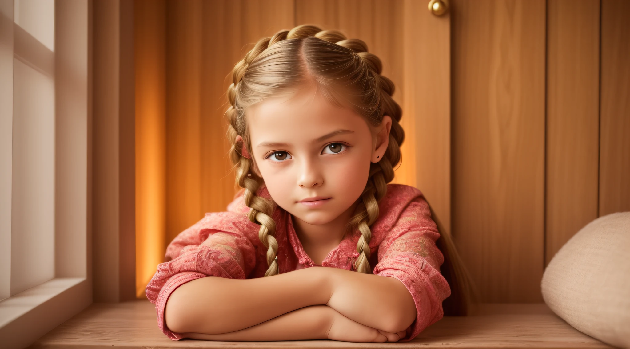 girl CHILD 10 years old, Russian blonde in braids, VELAS VERMELHAS ACESAS. FUNDO VERMELHO.