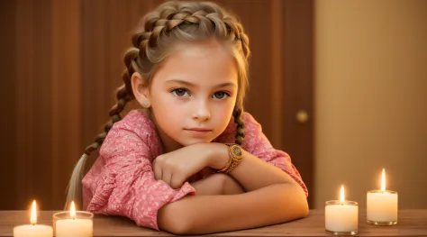 girl CHILD 10 years old, Russian blonde in braids, VELAS VERMELHAS ACESAS. FUNDO VERMELHO.