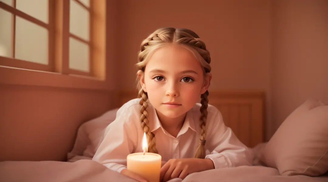 girl CHILD 10 years old, Russian blonde in braids, VELAS VERMELHAS ACESAS. FUNDO VERMELHO.