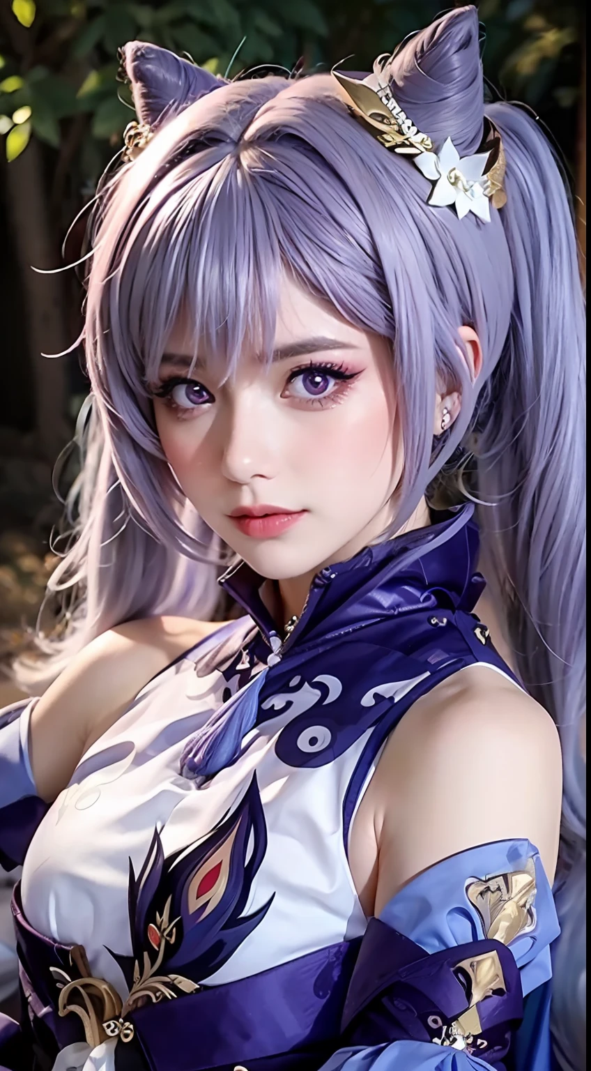 Masterpiece, Best Quality, Detail, Depth of field, ultra-realistic, realistic face and eyes, realistic skin texture, Cinematic lighting, eyes, To see your audience. 1 girl, 独奏, (frown, closed mouth), keqing_\(genshin_stroke\), Purple_eyes, purple hair, Double Ponytail, sharp eyes, serious face, gloves, black stockings, En plein air, purple lightning, Fileg, lightning glowing sword, purple lightning, upper-body, cute makeup, beatiful face, European appearance