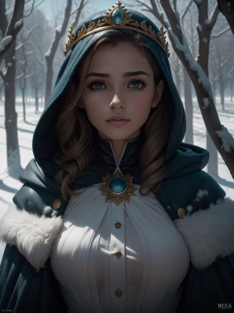Woman with an ice tiara on her head and a navy blue winter cloak with golden details, broche de floco de neve. longos cabelos pr...