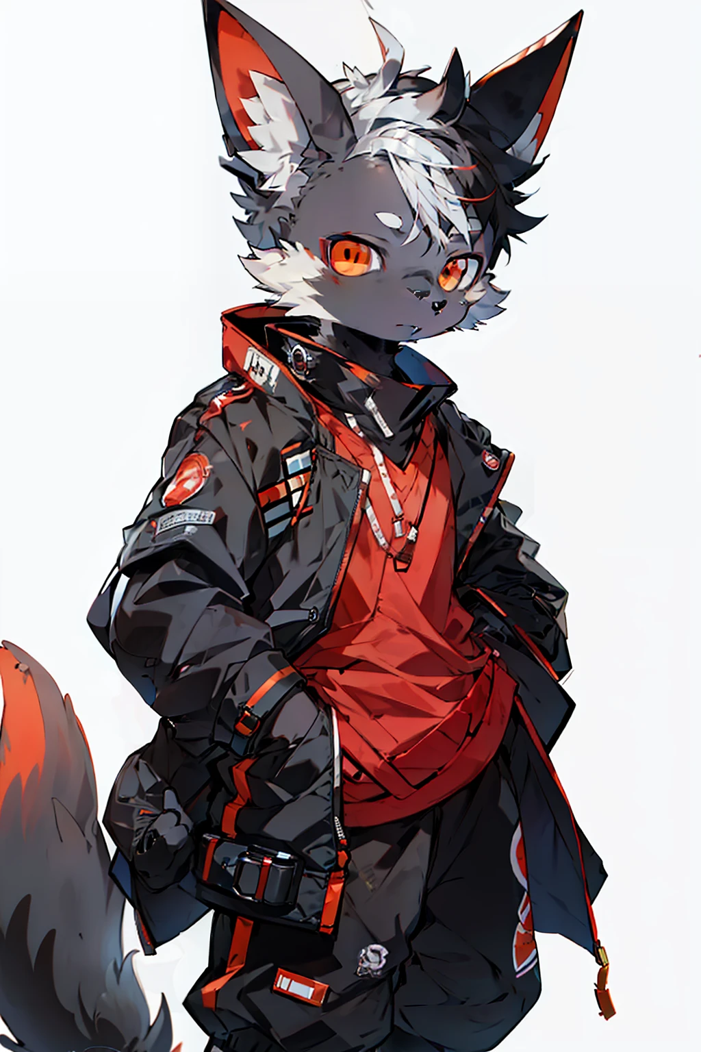 Black Humanoid Dog, Sad City, in medical clothing, red-orange eyes, Very detailed, relaxed pose, Full-length