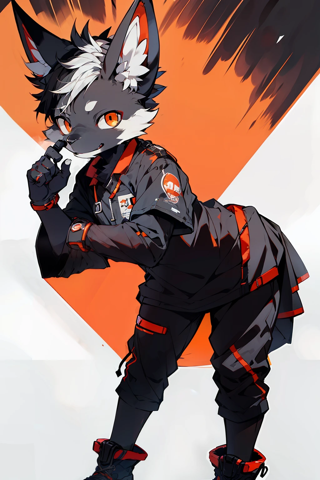 Black Humanoid Dog, Sad City, in medical clothing, red-orange eyes, Very detailed, relaxed pose, Full-length