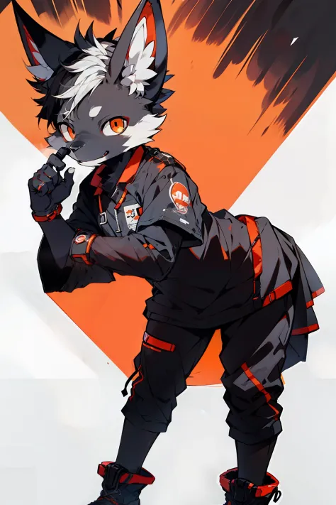 black humanoid dog, sad city, in medical clothing, red-orange eyes, very detailed, relaxed pose, full-length