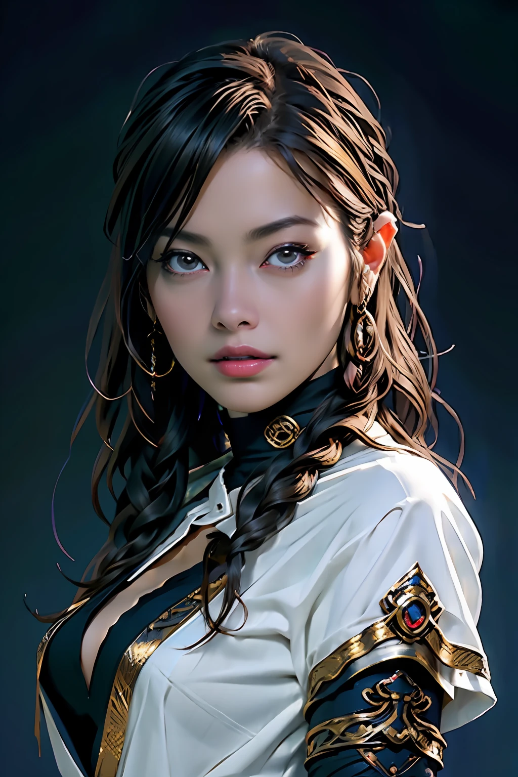 Ultra-detailed complex 3D rendering of face, (Colossal: 8.8), (masterpiece, top quality, octane rendering, 8K), glamour shot full body image, very beautiful young elf, cleavage, (very detailed skin: 1.2), (exposure: 1.1), brown-haired, ((wearing a plummeted open shirt of white silk: 1.10)), beautiful Caucasian woman with black skin with full soft breasts with big buttocks, Single, long braided hair, big breasts, dynamic angle, mystical expression, ultra-realistic photo, (((portrait)))), bare feet, futuristic urban background, facial muscles, detailed and beautiful queen gold crown, in the style of Marvel Comics, ArtStation trends, clear focus, studio photography, intricate details, very detailed, detailed red eyes, very detailed, Sharp Focus, Digital Rendering, Professional, Abs, Dark Grey Background,