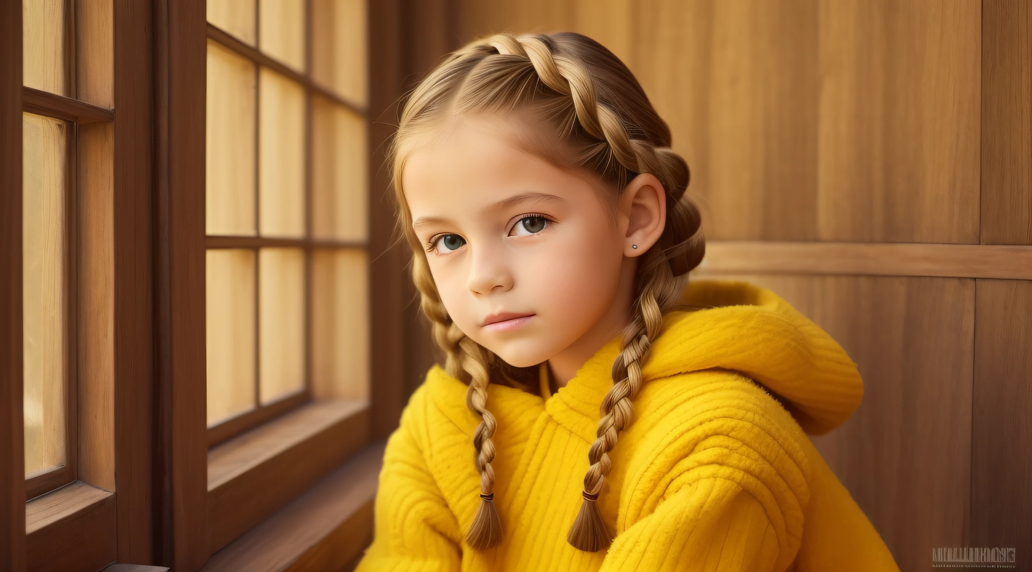 girl CHILD 10 years old, Russian blonde in braids, JAQUETA DE COURO AMARELA, VELAS VERMELHAS ACESAS.