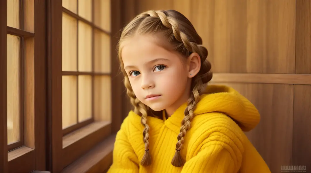 girl CHILD 10 years old, Russian blonde in braids, JAQUETA DE COURO AMARELA, VELAS VERMELHAS ACESAS.