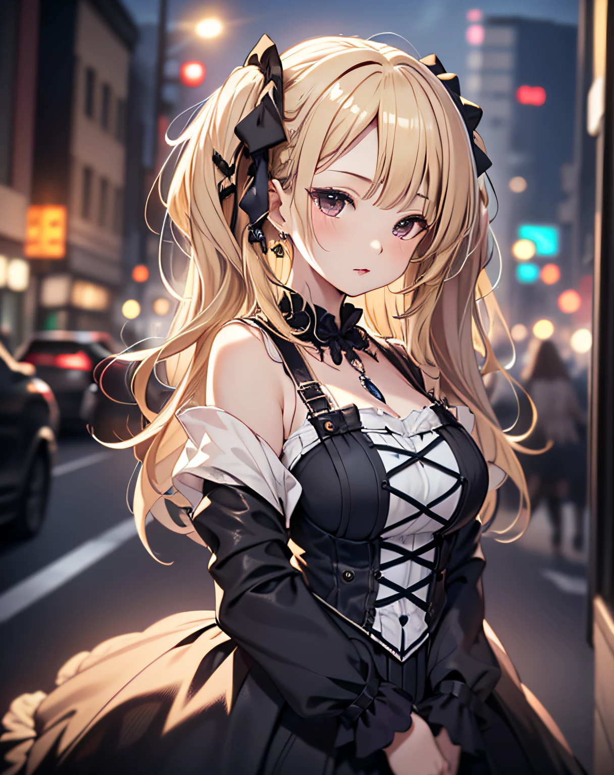 ((1mature lady:1.3, age of 45)), (standing on a dark street), (highway lights), (calm lighting), (night), sexy pose, (very delicate and beautiful work), (masterpiece), one girl, ((wearing in a gothic Lolita dress:1.37, gothic Lolita fashion:1.5)), very detailed and leaky waist, attractive look, beautifully clear eyes, ((blonde twin-tails hair:1.5)), delicate necklace, delicate earrings, simple blurred background, extreme detailed description, beautiful, attractive, Super fine painting, pretty face, big, big, big, big, fine body, fine collarbone, beautiful lips, smooth ass, mix4, (8k, RAW photo, top quality, masterpiece: 1.37), (realistic, realistic: 1.37), one girl, cute, cityscape, night, humidity, professional lighting, photon mapping, radiation, physics cs-based rendering