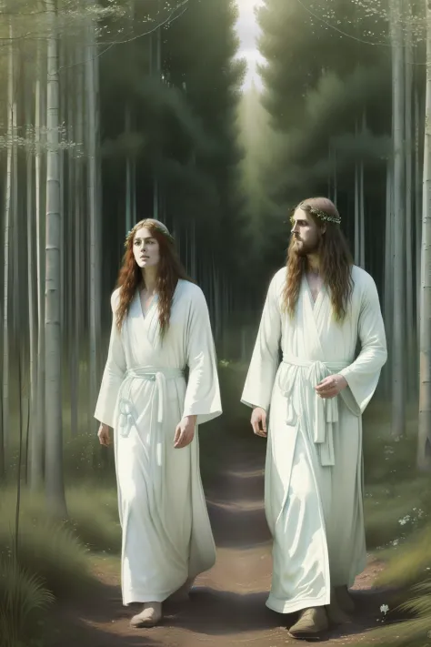 (((pre-raphaelite celtic painting of two druids in white robes in a forest of quivering poplars, floresta, tons suaves, paisagem...