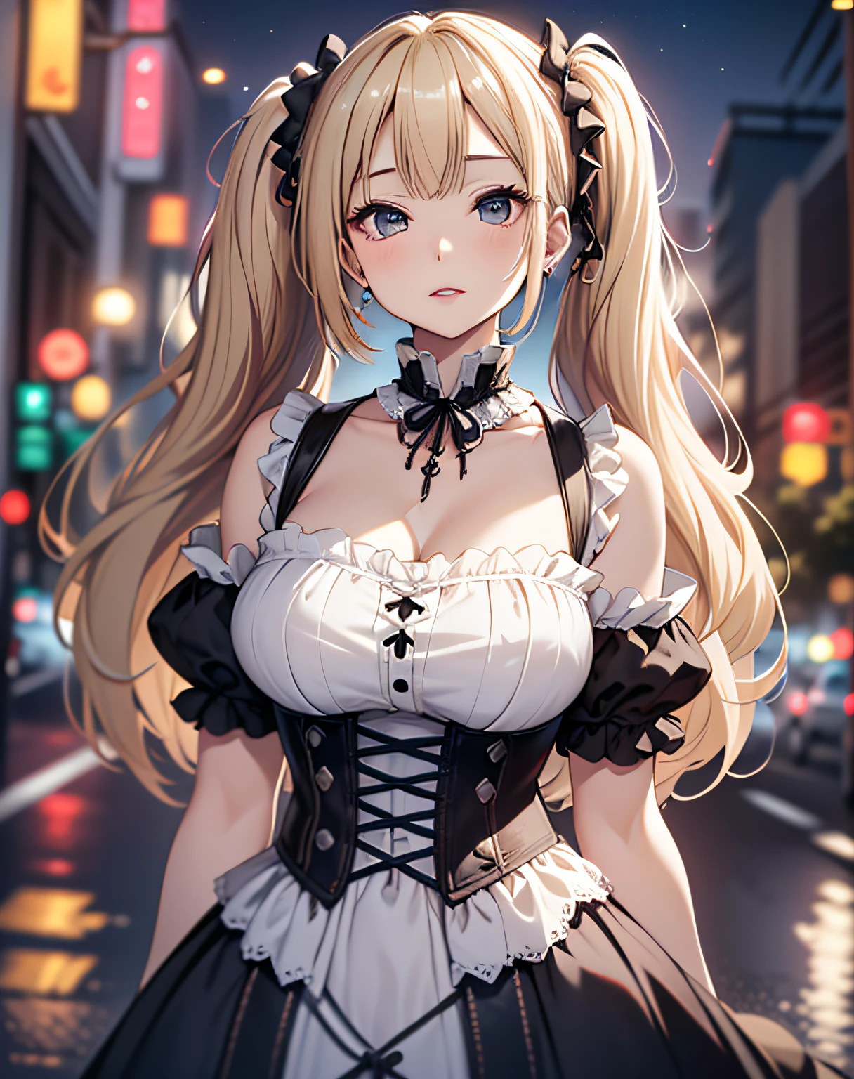 ((1mature lady:1.3, age of 45)), (standing on a dark street), (highway lights), (calm lighting), (night), sexy pose, (very delicate and beautiful work), (masterpiece), one girl, ((wearing in a gothic Lolita dress:1.37, gothic Lolita fashion:1.5)), very detailed and leaky waist, attractive look, beautifully clear eyes, ((blonde twin-tails hair:1.5)), delicate necklace, delicate earrings, simple blurred background, extreme detailed description, beautiful, attractive, Super fine painting, pretty face, big, big, big, big, fine body, fine collarbone, beautiful lips, smooth ass, mix4, (8k, RAW photo, top quality, masterpiece: 1.37), (realistic, realistic: 1.37), one girl, cute, cityscape, night, humidity, professional lighting, photon mapping, radiation, physics cs-based rendering