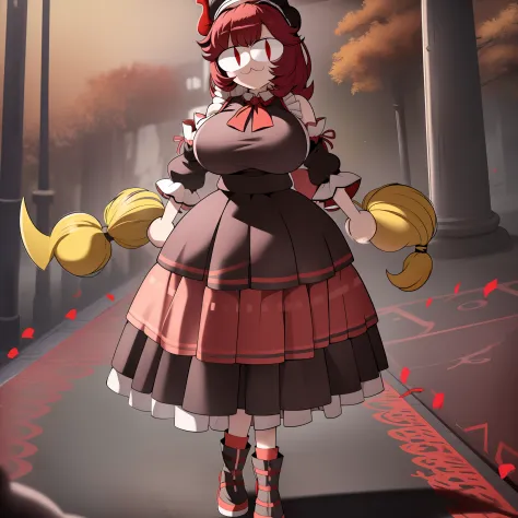 necoarc,r, red skirt, skirt, yellow bow, antlers, black bloomers, detached sleeves, hat, pom pom \(clothes\), red headwear, tassel, 2d, cartoon, skirt, thicc body, huge breast, long dress,, walking, pullover,vest,maid