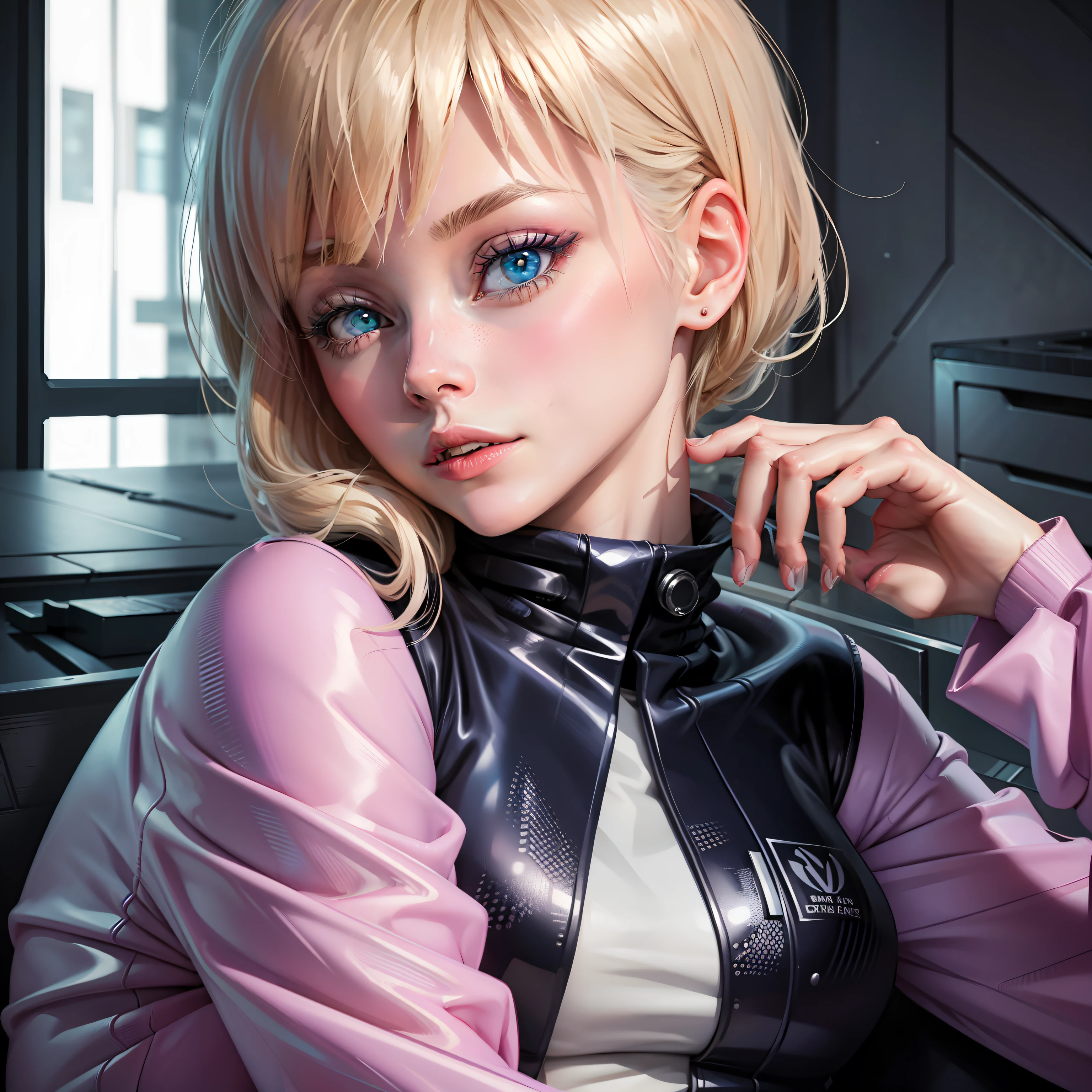 Blond haired woman in a pink leather jacket and black leather jacket -  SeaArt AI