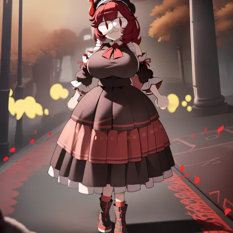 necoarc,r, red skirt, skirt, yellow bow, antlers, black bloomers, detached sleeves, hat, pom pom \(clothes\), red headwear, tassel, 2d, cartoon, skirt, thicc body, huge breast, long dress,, walking, pullover,vest,maid