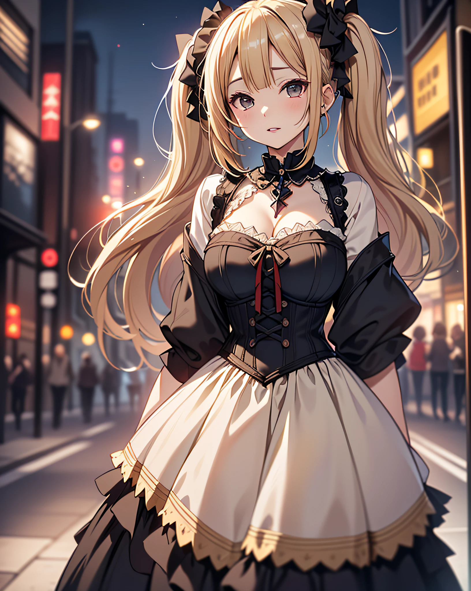 ((1mature lady:1.3, age of 45)), (standing on a dark street), (highway lights), (calm lighting), (night), sexy pose, (very delicate and beautiful work), (masterpiece), one girl, ((wearing in a gothic Lolita dress:1.37, gothic Lolita fashion:1.5)), very detailed and leaky waist, attractive look, beautifully clear eyes, ((blonde twin-tails hair:1.5)), delicate necklace, delicate earrings, simple blurred background, extreme detailed description, beautiful, attractive, Super fine painting, pretty face, big, big, big, big, fine body, fine collarbone, beautiful lips, smooth ass, mix4, (8k, RAW photo, top quality, masterpiece: 1.37), (realistic, realistic: 1.37), one girl, cute, cityscape, night, humidity, professional lighting, photon mapping, radiation, physics cs-based rendering