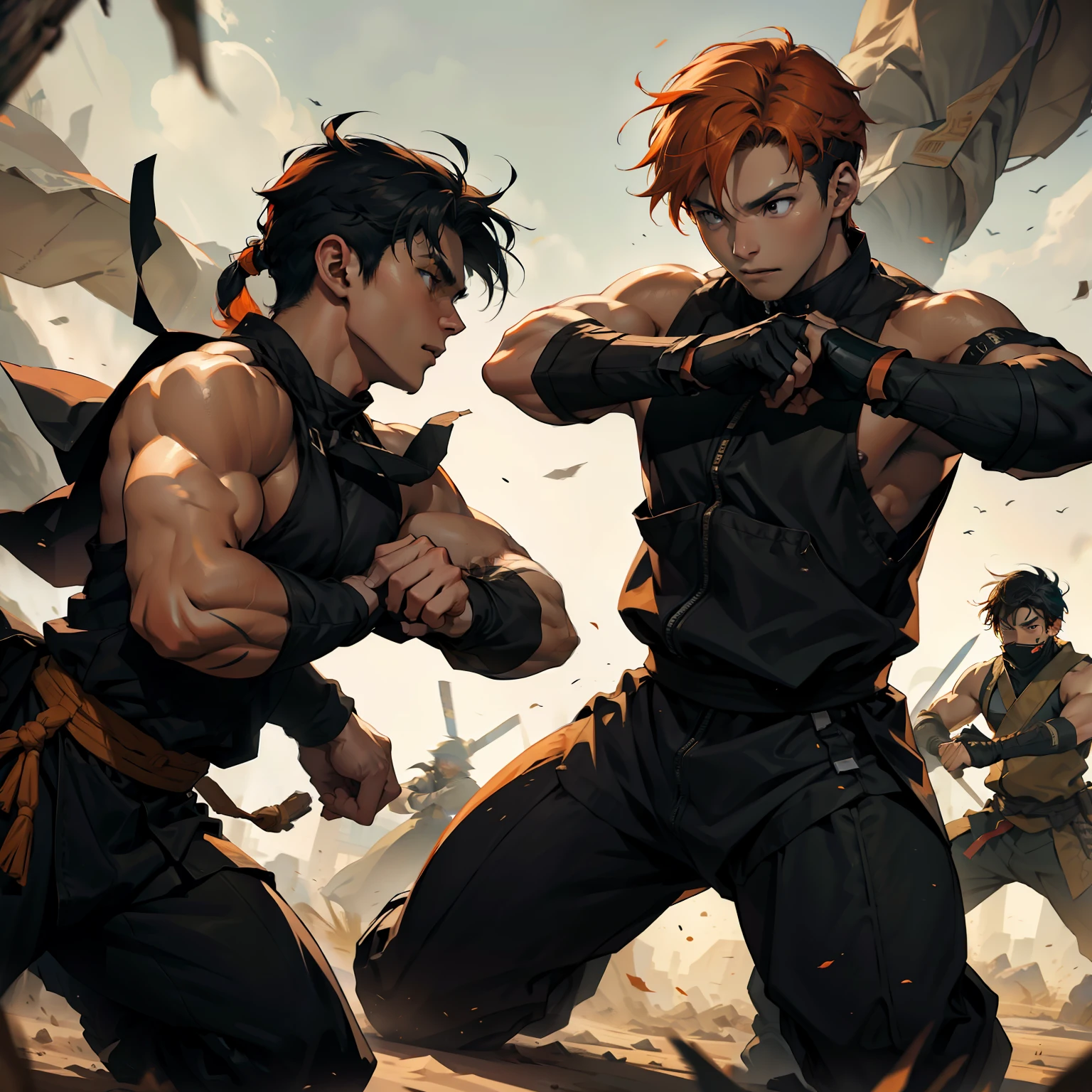 Battle scene between two 15-year-old ninjas with orange hair and the other black hair