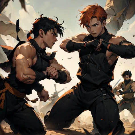 battle scene between two 15-year-old ninjas with orange hair and the other black hair