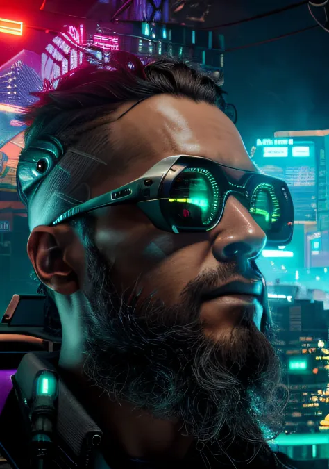 "Cyberpunk-infused environment, Tom de pele altamente realista, Intrigante jogo de sombras, 8k immersive resolution, Protagonista incrivelmente bonito com uma barba preta elegante."